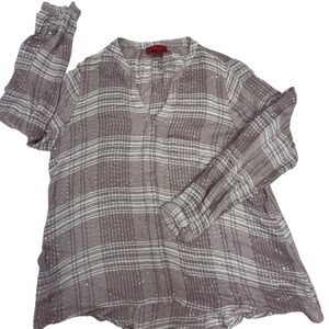Jennifer Lopez Womens Mauve Plaid Sequin Metallic V-Neck Blouse Top Large RN7327